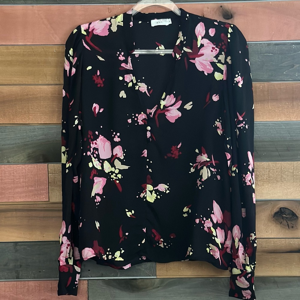 A.L.C. Rivera silk floral blouse in black and pink. - Picture 5 of 9